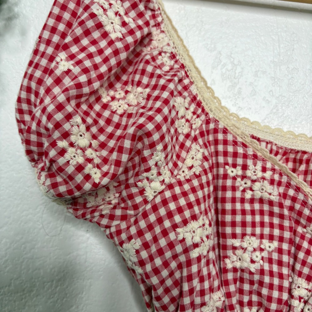 one clothing | Red Gingham Lace-Up Peasant Top - Picture 4 of 5